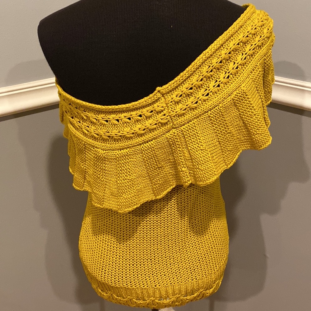 Anthropologie Yellow Off-Shoulder Ruffle Knit Top - Picture 5 of 8